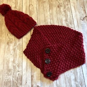 Red matching homemade hat and three button scarf